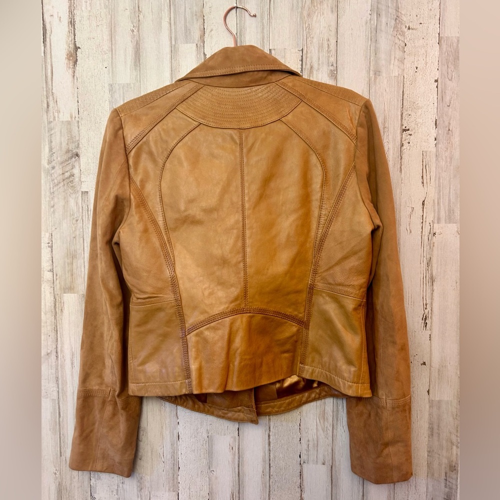 Jessica Simpson Camel 100% Leather Moto Jacket • Size M • Asym Zip - Picture 4 of 9